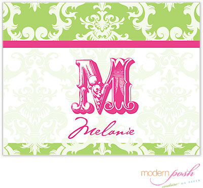 Personalized Stationery/Thank You Notes by Modern Posh - Green Damask Posh - Green & Pink Personalized Stationery/Thank You Notes by Modern Posh - Green Damask Posh - Green & Pink