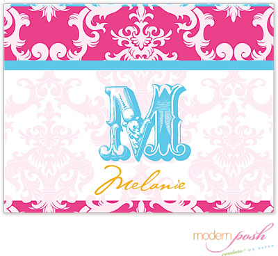 Personalized Stationery/Thank You Notes by Modern Posh - Pink Damask Posh - Pink & Blue