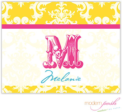 Personalized Stationery/Thank You Notes by Modern Posh - Yellow Damask Posh - Yellow & Pink