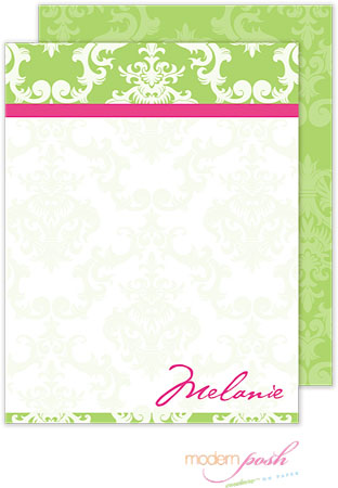 Personalized Stationery/Thank You Notes by Modern Posh - Green Damask Posh - Green & Pink