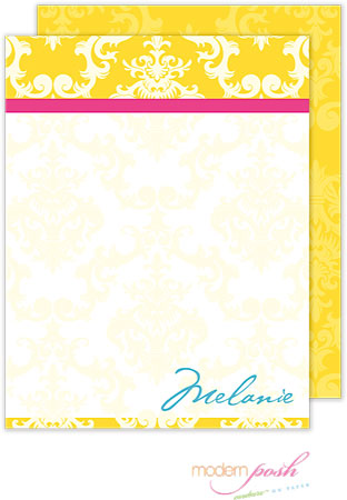 Personalized Stationery/Thank You Notes by Modern Posh - Yellow Damask Posh - Yellow & Pink