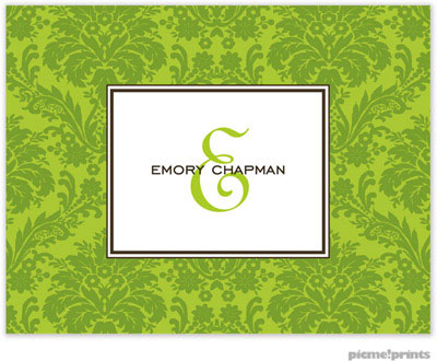 Stationery/Thank You Notes by PicMe Prints - Damask Cilantro on Chartreuse (Folded)