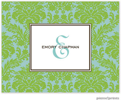 Stationery/Thank You Notes by PicMe Prints - Damask Lime on Robin's Egg (Folded)