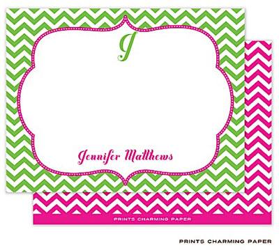 Note Cards/Stationery by Prints Charming - Green Chevron on Hot Pink