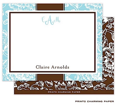 Note Cards/Stationery by Prints Charming - Blue Floral Damask on Brown Note Cards/Stationery by Prints Charming - Blue Floral Damask on Brown