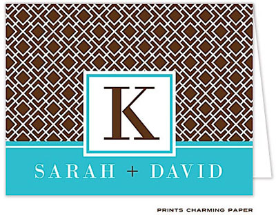Note Cards/Stationery by Prints Charming - Turquoise and Brown Lattice Initial Note (Folded)