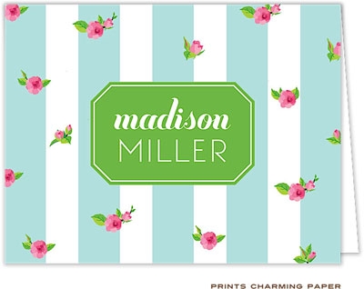 Note Cards/Stationery by Prints Charming - Aqua and White Floral Stripe (Folded)