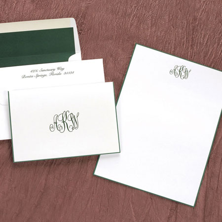 Stationery/Thank You Notes by Rytex - Hunter Green Hand Bordered Sheet and Foldnote Ensemble