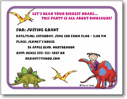 Pen At Hand Stick Figures - Invitations - Dinosaur - Girl (Inv 1056 G)