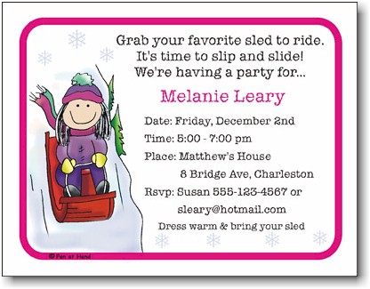 Pen At Hand Stick Figures - Invitations - Sledding - Girl (Inv 1063 G)