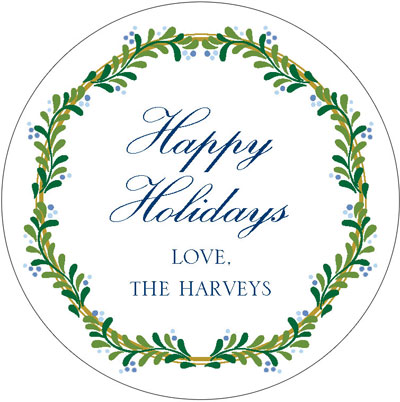 Round Gift Stickers by Boatman Geller - Green Swag with Blue Berries Round Gift Stickers by Boatman Geller - Green Swag with Blue Berries
