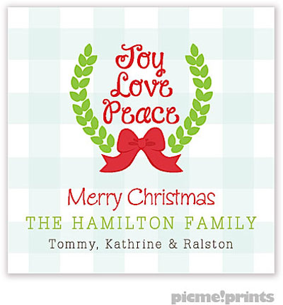 Holiday Gift Stickers by PicMe Prints - Joy Love Peace Gingham Square