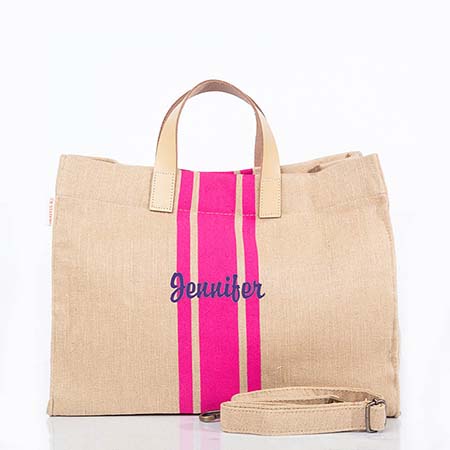 Pink Trimmed Jute & Leather Satchel Tote Bags by CB Station