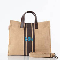 Brown Trimmed Jute & Leather Satchel Tote Bags by CB Station