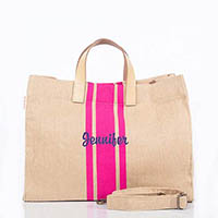 Pink Trimmed Jute & Leather Satchel Tote Bags by CB Station