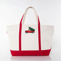 Red Trimmed Icon Icon Large Canvas Tote Bags by CB Station - Christmas Truck